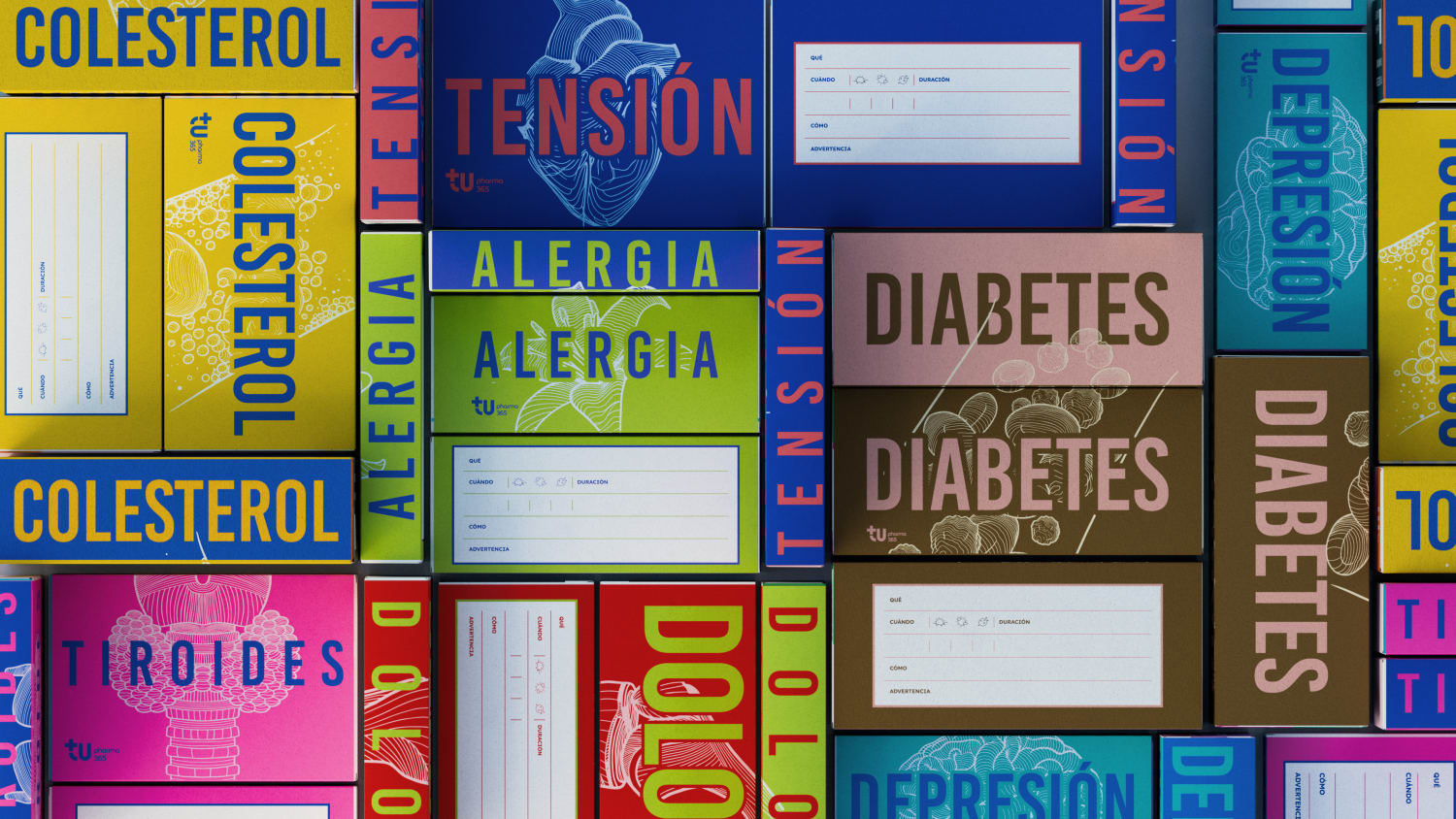 A grid of "The Safe Pack" medicine boxes, featuring vibrant colors, clear disease labels, illustrations, and pharmacist notes.