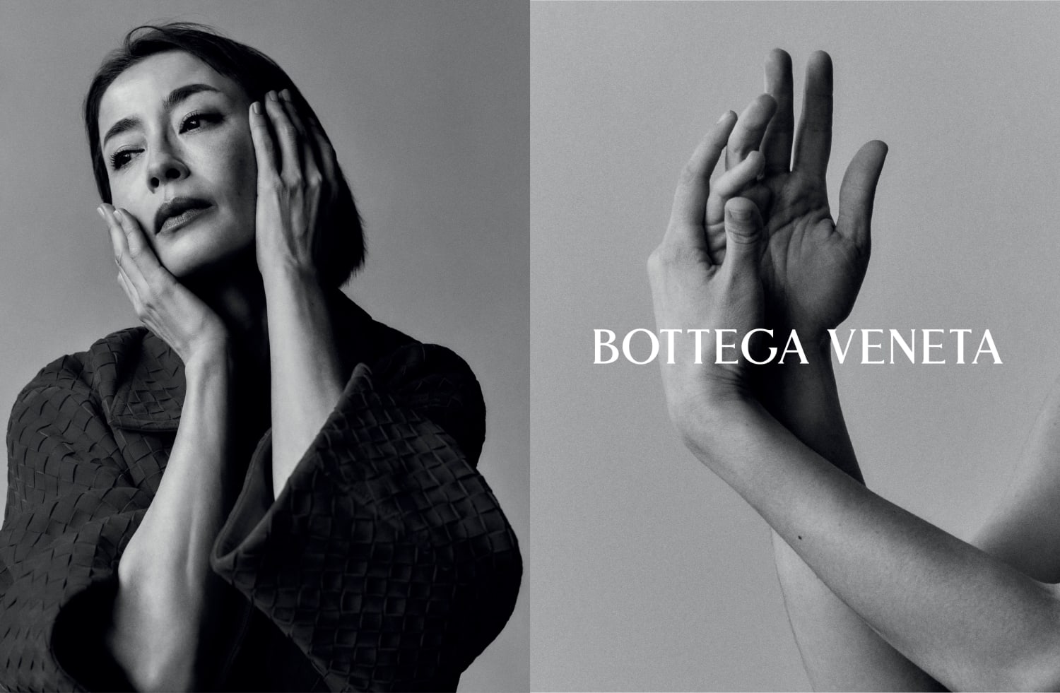 Black and white Bottega Veneta campaign image. On the left, a woman in a dark top with her hands raised to her face. On the right, a single hand raised with fingers together against a light background.