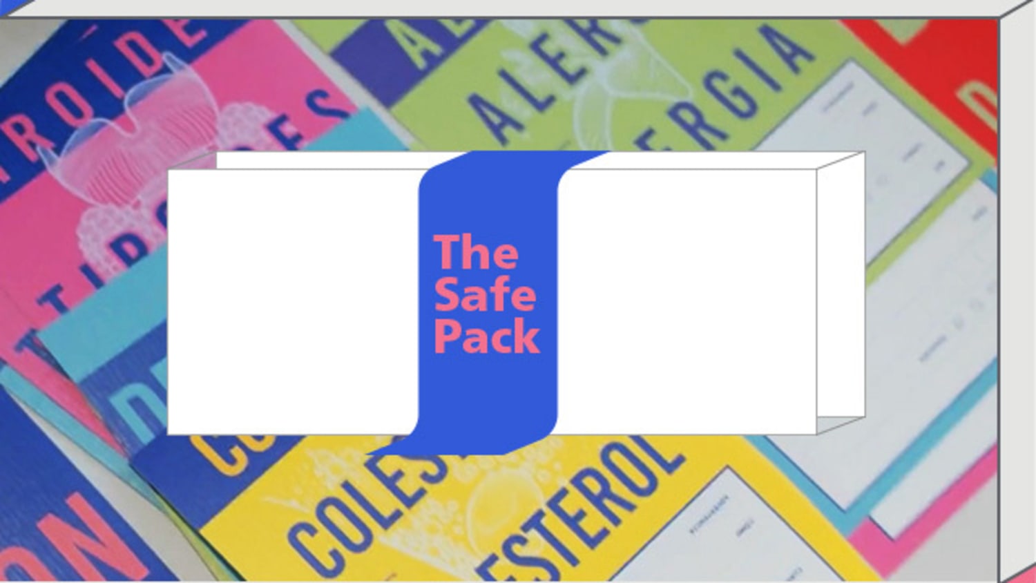 "The Safe Pack" banner overlays a background of colorful, blurred medicine box sleeves, showcasing a pharmaceutical packaging design concept.