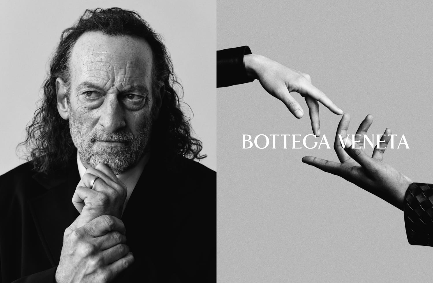Black and white Bottega Veneta campaign image. On the left, an older man with long grey hair in a dark jacket, hands clasped. On the right, a close-up of a hand extending into frame.
