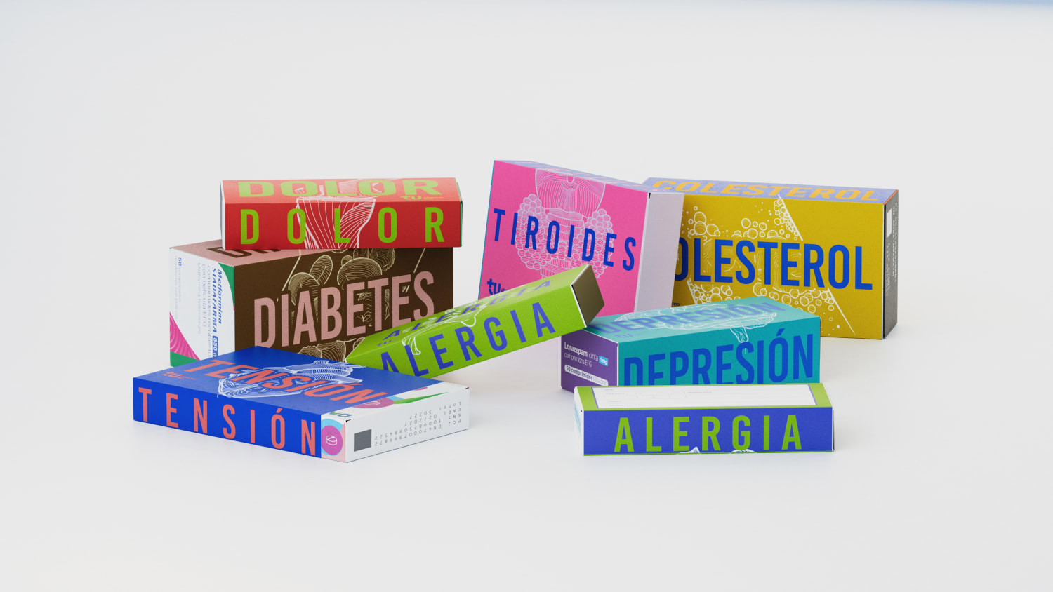 Colorful medicine boxes with Spanish labels for common ailments like pain, diabetes, thyroid, cholesterol, and allergy.