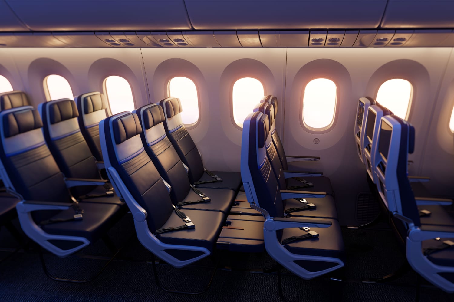 United Airlines’ Relax Row transforms a standard row of three economy seats into a couch-like sleeping space. Courtesy of United Airlines