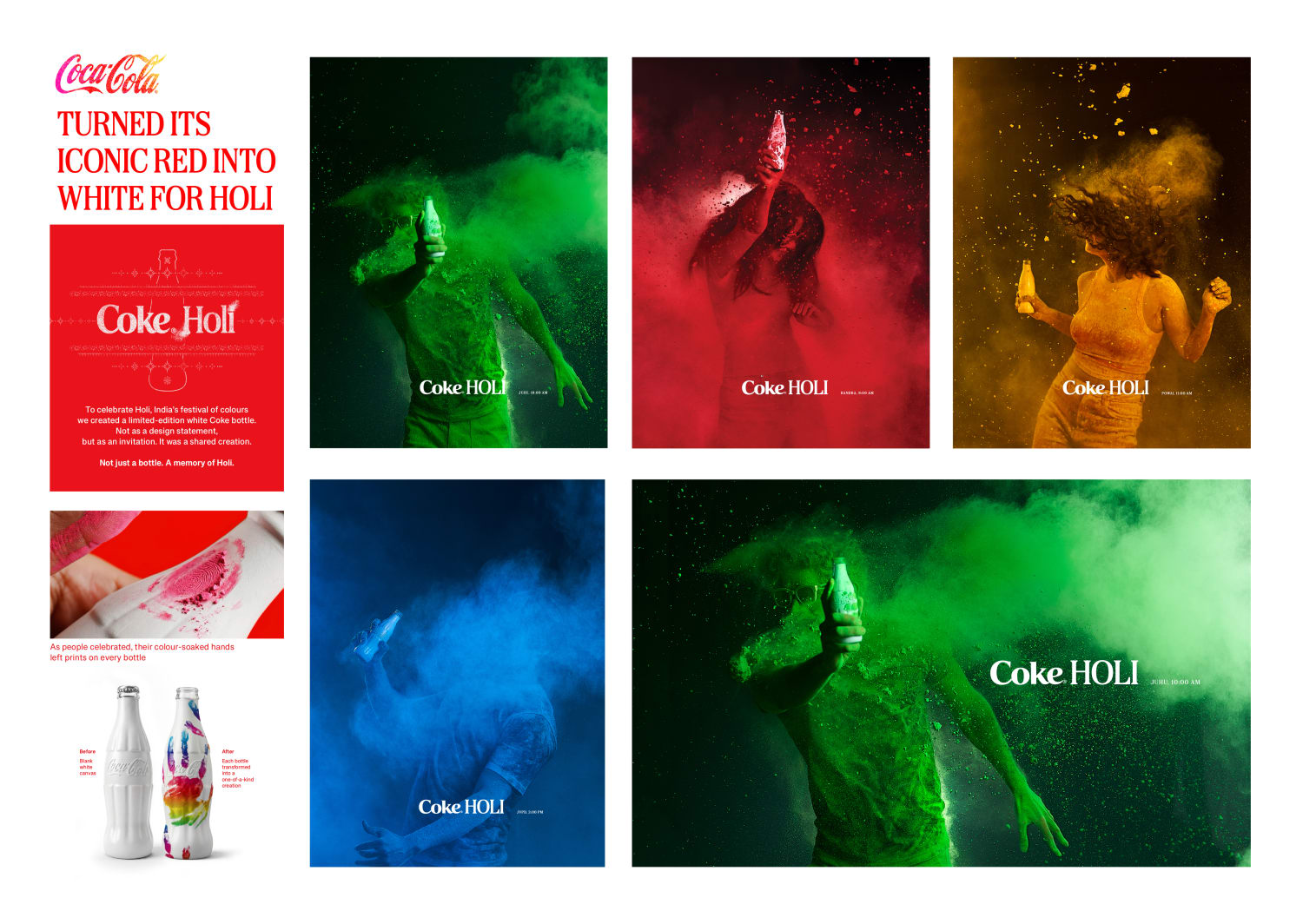 Creative board showing participants colouring white Coca Cola bottles during Holi celebrations