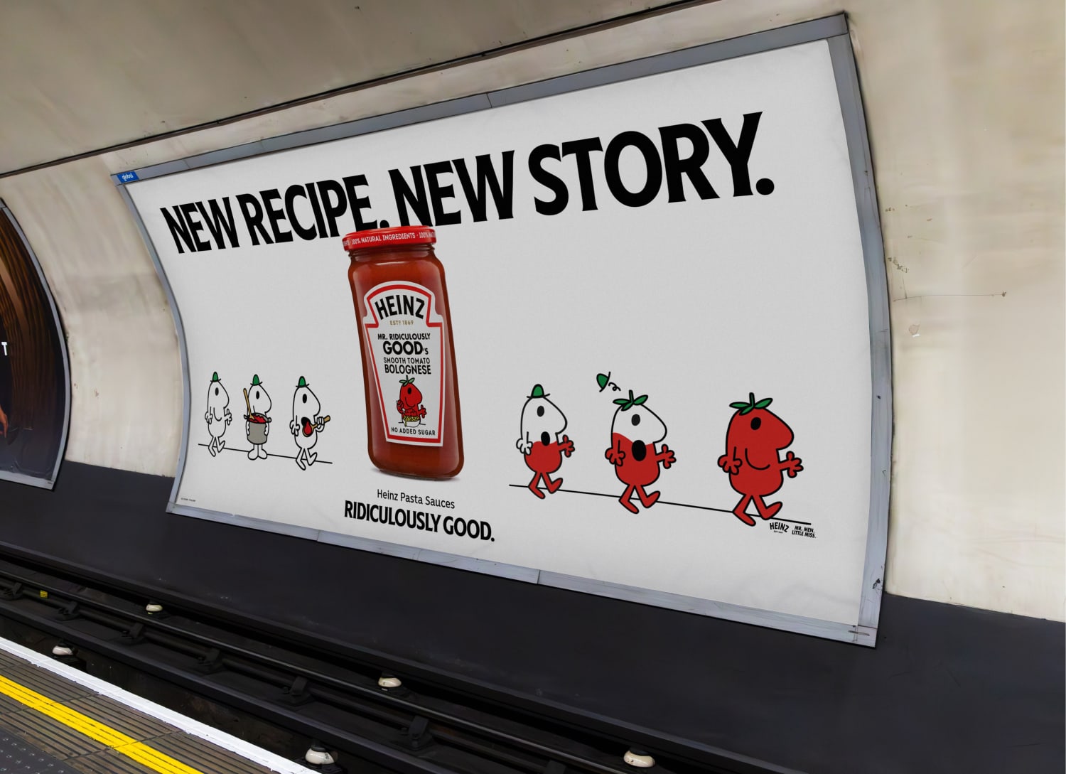 Outdoor billboard showing the evolution from Mr. Good to Mr. Ridiculously Good, turning tomato-red, with the text 'New Recipe, New Story'.