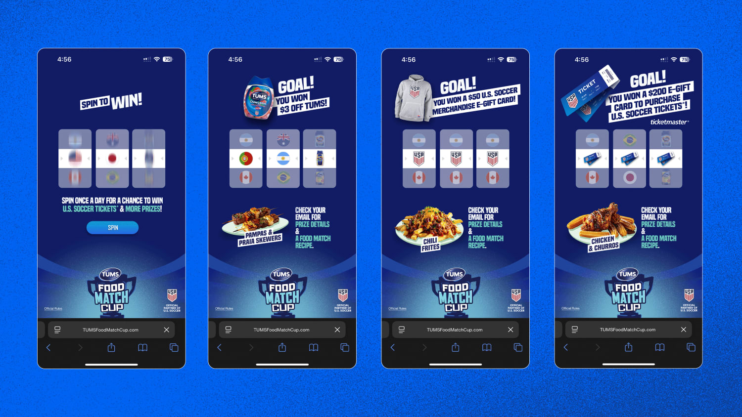 Images of the Food Match Cup app created by TUMS and VML for the World Cup