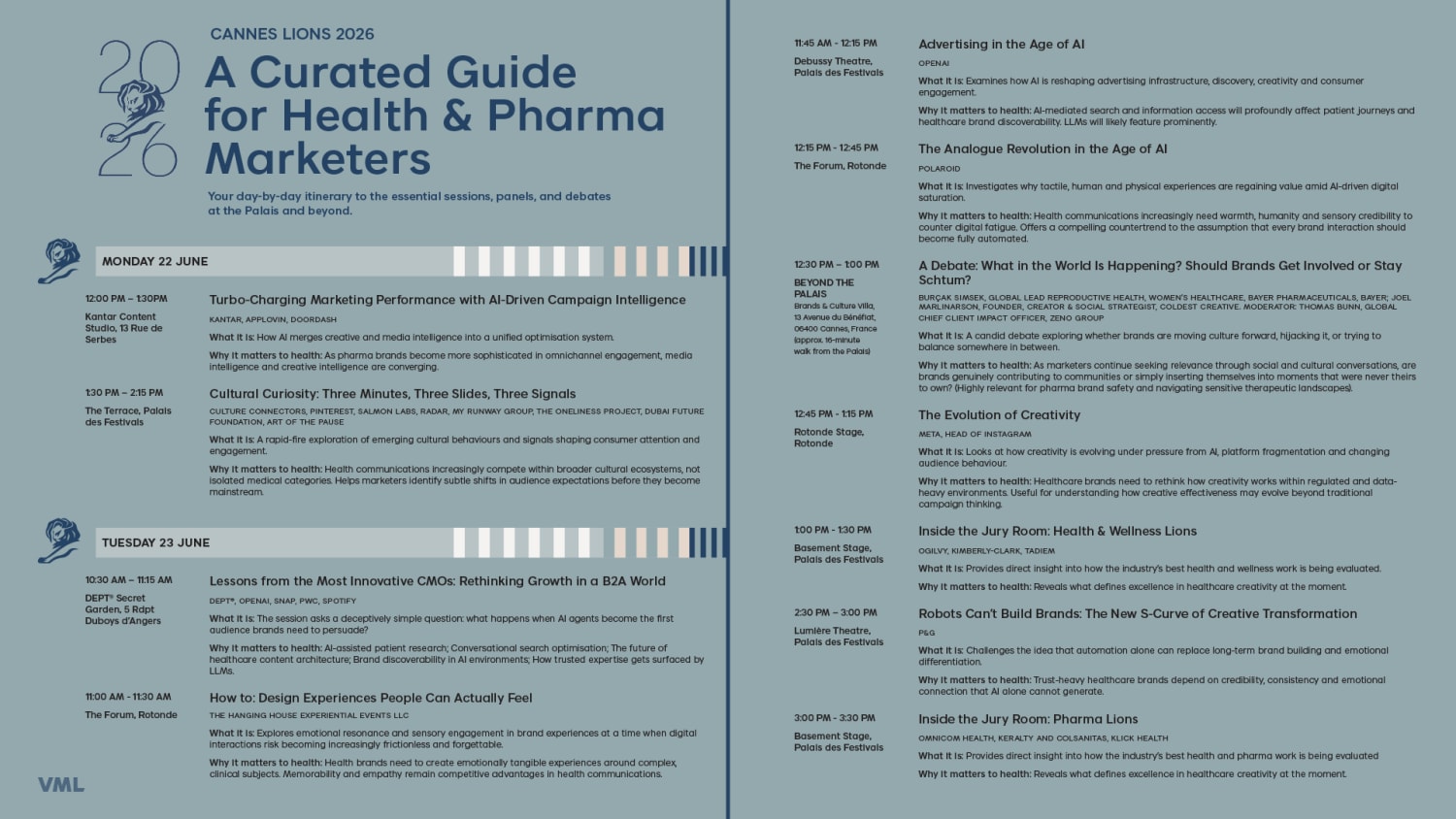 Page 1 of a guide from VML Health outlining essential health and pharma marketing sessions at Cannes Lions 2026.