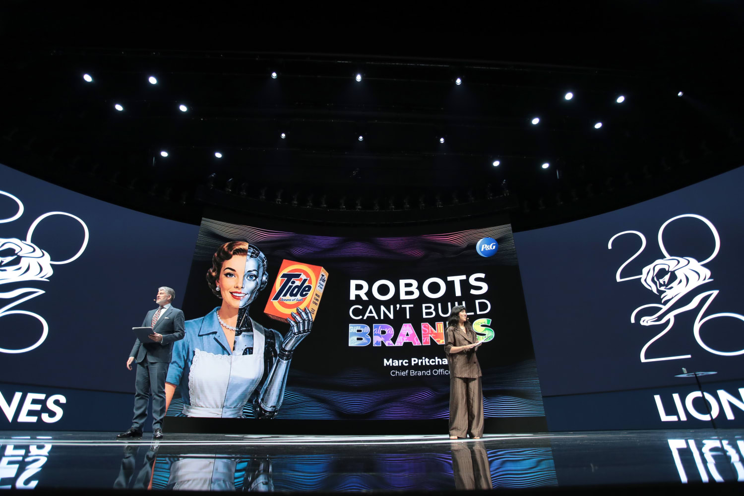 CANNES, FRANCE - JUNE 23: Mathew Marsh and Natasha Woodwalspeaks onstage during 'Robots Can’t Build Brands: The New S-Curve of Creative Transformation' on Day 2 of Cannes Lions 2026 on June 23, 2026 in Cannes, France. (Photo by Shane Anthony Sinclair/Getty Images for Cannes Lions)