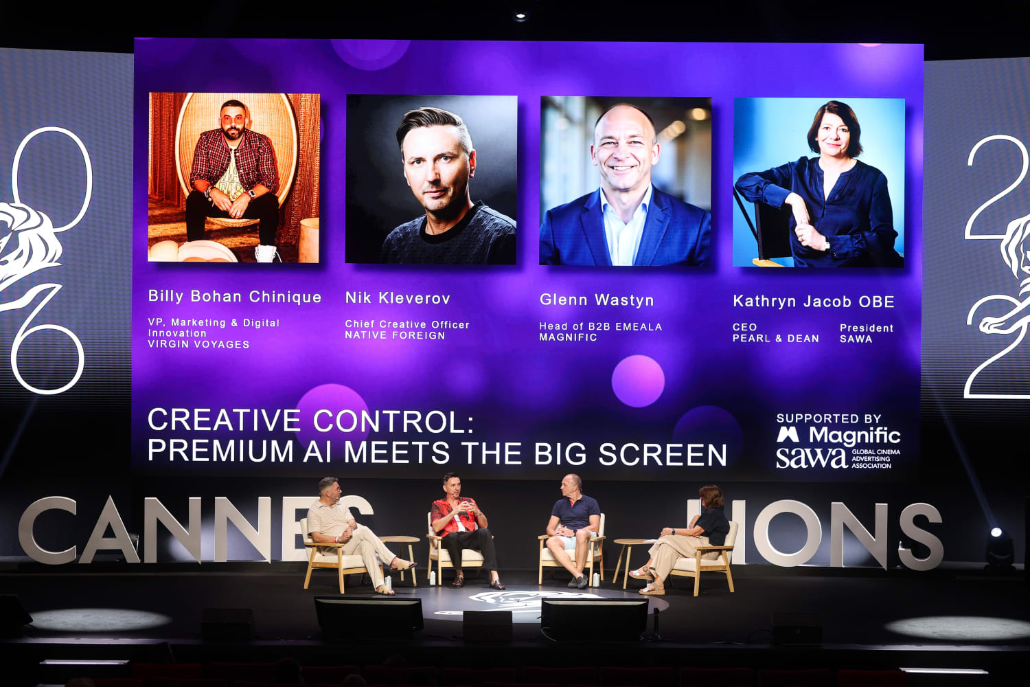 CANNES, FRANCE - JUNE 22: (L-R) Billy Bohan Chinique, Nik Kleverov, Glenn Wastyn and Kathryn Jacob OBE speak during Creative Control: Premium AI Meets the Big Screen on Day 1 of Cannes Lions 2026 on June 22, 2026 in Cannes, France. (Photo by Shane Anthony Sinclair/Getty Images for Cannes Lions)