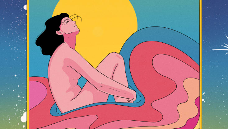 Print of woman in colourful abstract water with sun in background