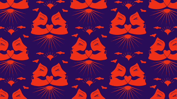 Woman's faces mirrored in red on top of a sunset.