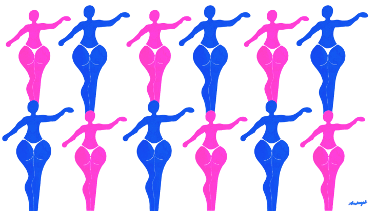 12 illustrated women in bikinis on landscape page in blue and pink.