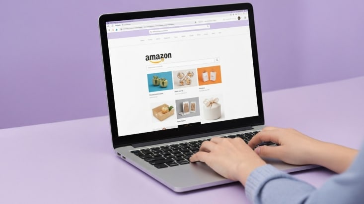 Laptop with an Amazon page open.