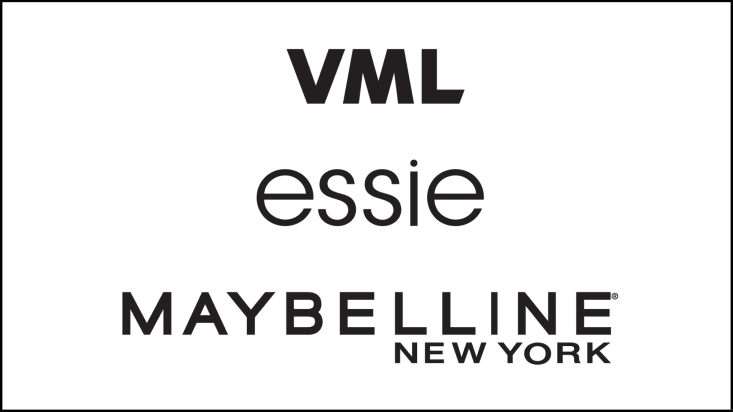 Logos for VML, essie, and Maybelline New York stacked vertically with a white background