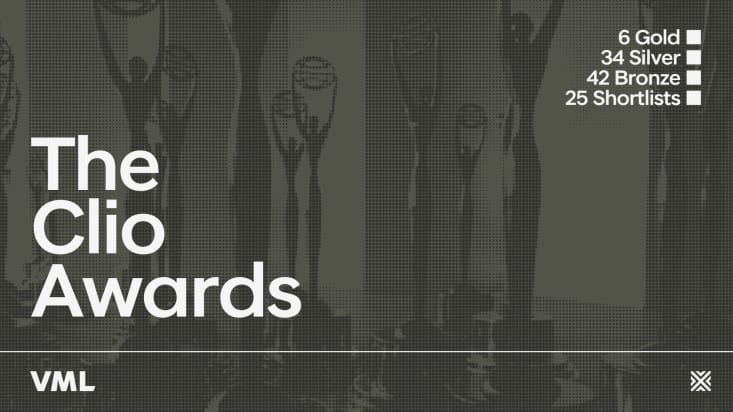 Graphic celebrating VML's wins at the Clio Awards with text that says 6 Gold, 34 Silver, 42 Bronze and 25 Shortlists