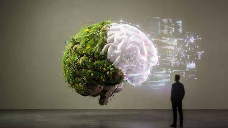 A brain fuses nature and AI, with green growth on one side and glowing data on the other, observed by a figure.
