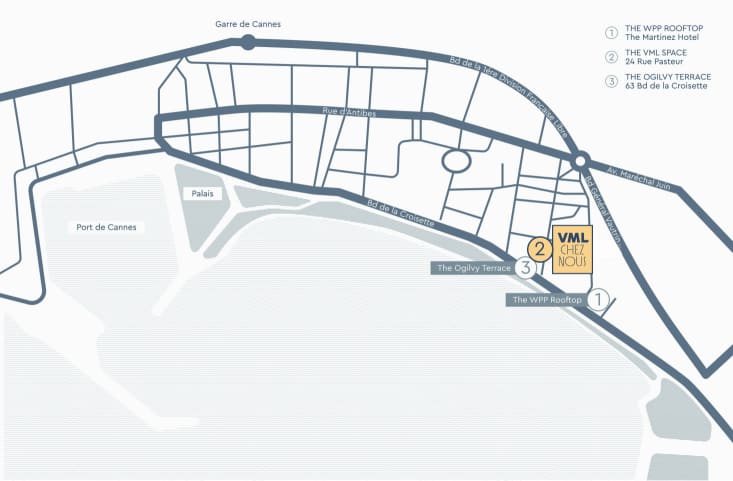 map to Chez Nous events by VML at the Cannes Lions Festival 2026