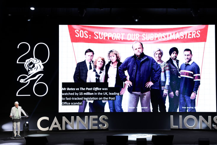 CANNES, FRANCE - JUNE 25: Sir John Hegarty speaks onstage during ‘Stop Working in Advertising.’ To Engage You Need to Entertain' on Day 4 of Cannes Lions 2026 on June 25, 2026 in Cannes, France. (Photo by Shane Anthony Sinclair/Getty Images for Cannes Lions)