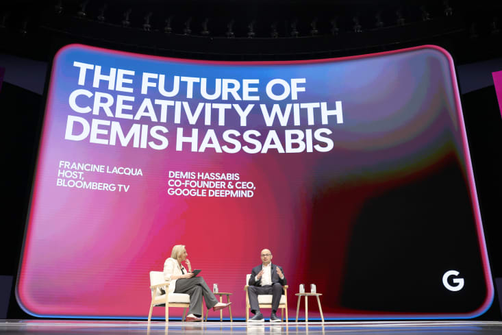 CANNES, FRANCE - JUNE 24: Francine Lacqua, Demis Hassabis and a guest onstage for 'The Future of Creativity with Demis Hassabis' on  Day 3 of Cannes Lions 2026 on June 24, 2026 in Cannes, France. (Photo by Shane Anthony Sinclair/Getty Images for Cannes Lions)