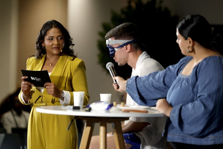 CANNES, FRANCE - JUNE 23: Anam Ahmad (L) and guests onstage during How to: Design Experiences People can Actually Feel? on Day 2 of Cannes Lions 2026 on June 23, 2026 in Cannes, France. (Photo by Xavi Torrent/Getty Images for Cannes Lions)