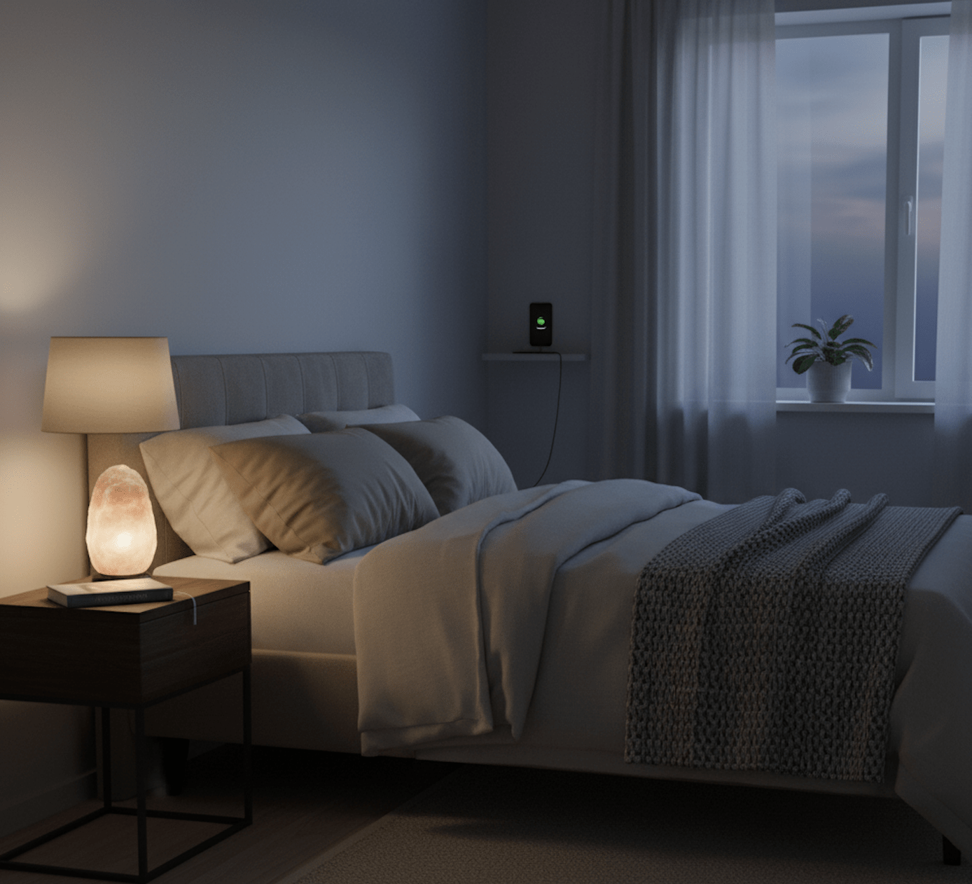 A peaceful and tech-free bedroom environment optimized for quality sleep and recovery.