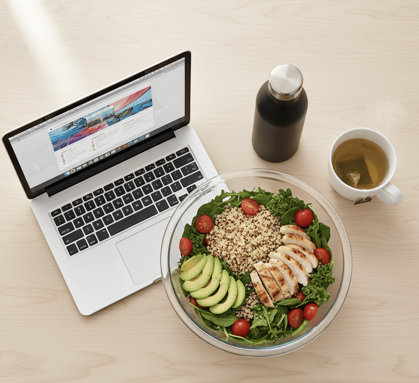 A healthy, colorful, and protein-packed lunch perfect for a working professional.