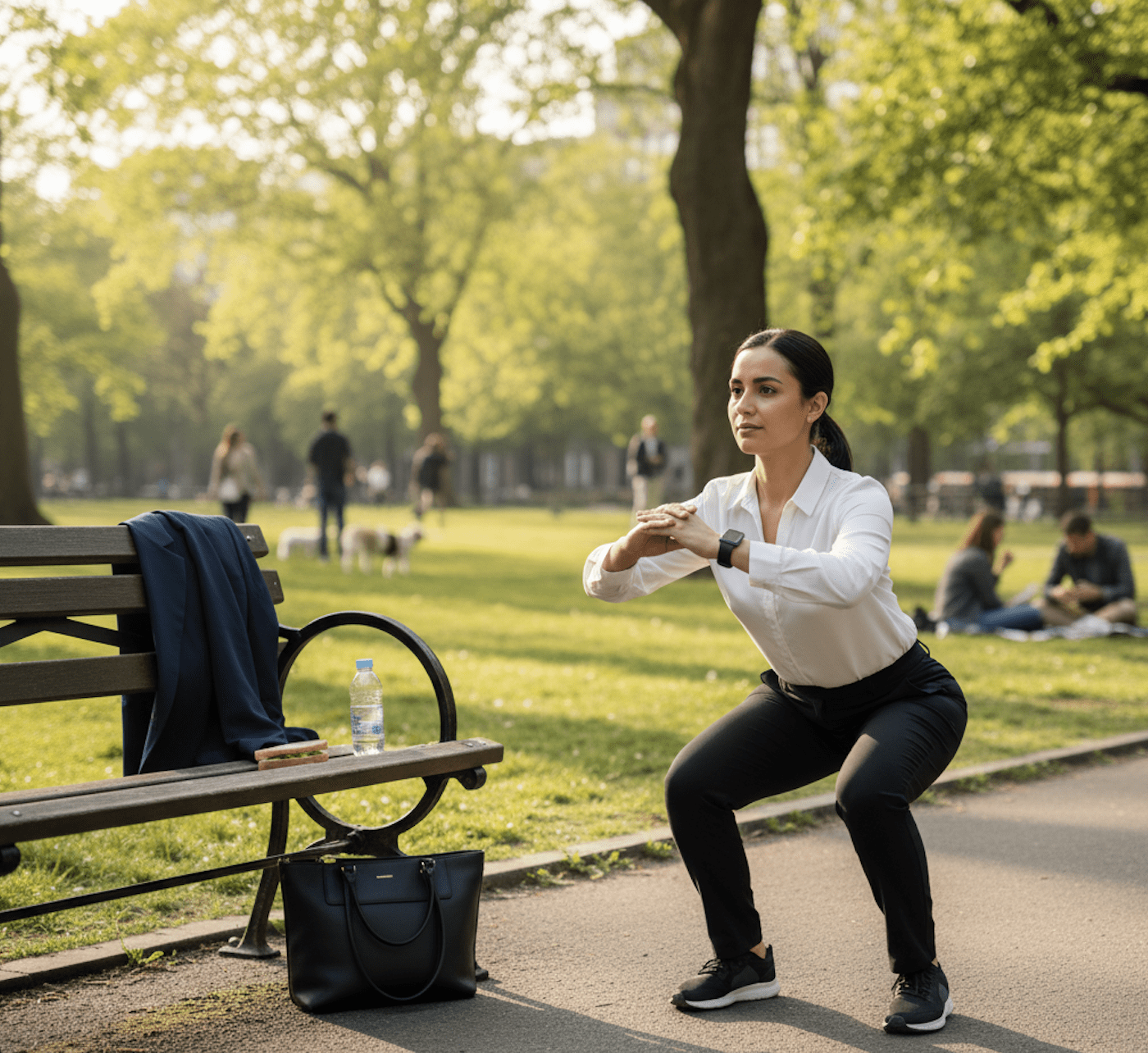 A professional fitting in a quick and effective workout outdoors during their lunch hour.