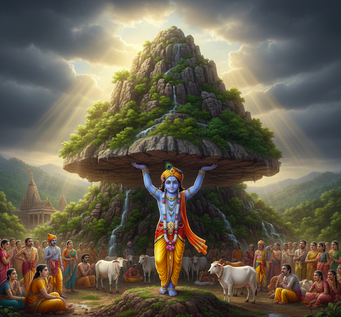 Illustration for Krishna Lifts Govardhan Hill