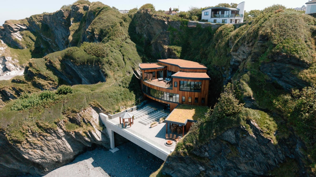 The clifftop wedding venue at Tunnels Beaches, Devon, seen from the air