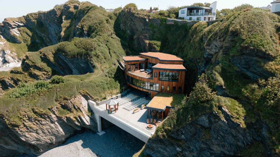 The clifftop wedding venue at Tunnels Beaches, Devon, seen from the air