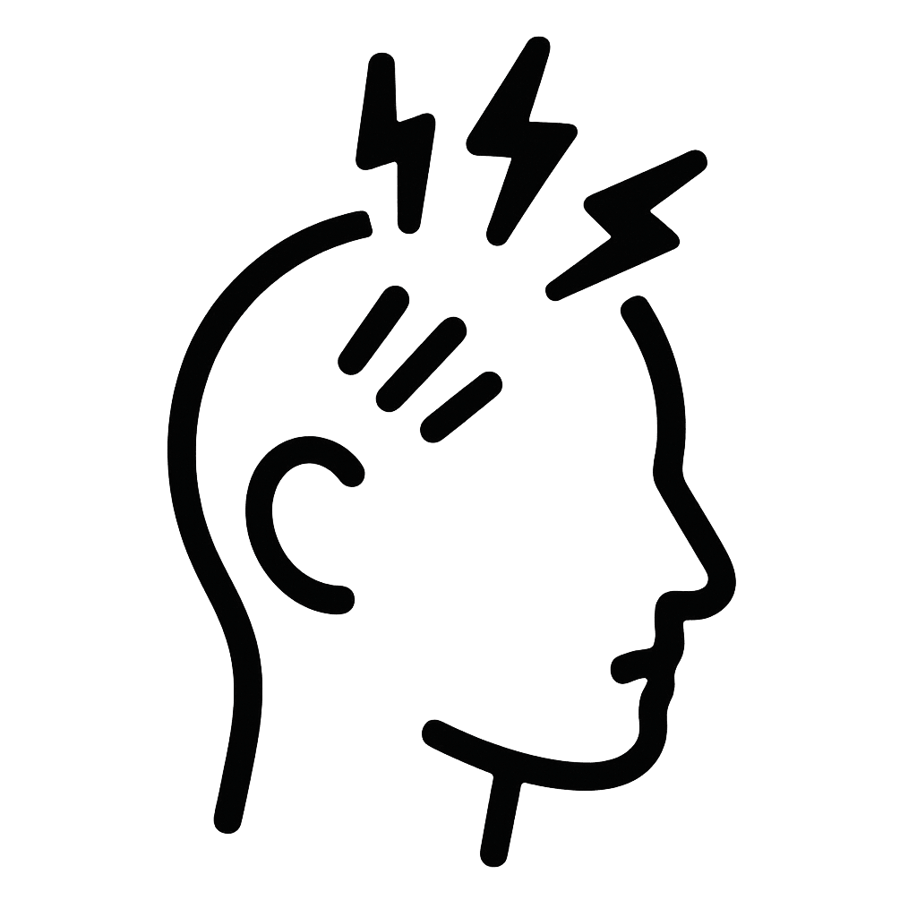 A simple black and white icon of a human headface that shows a headache-1