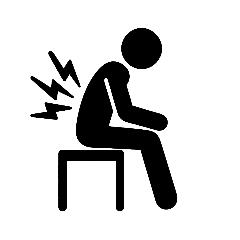 A simple black and white icon that shows a person sitting with stiffness and pain
