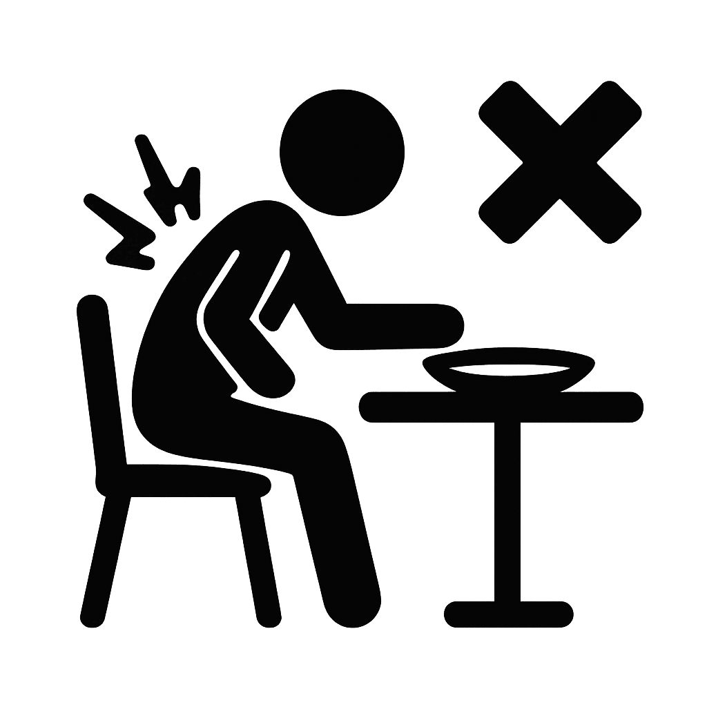 Simple black and white icon of a person unable to do a daily task  because of pain