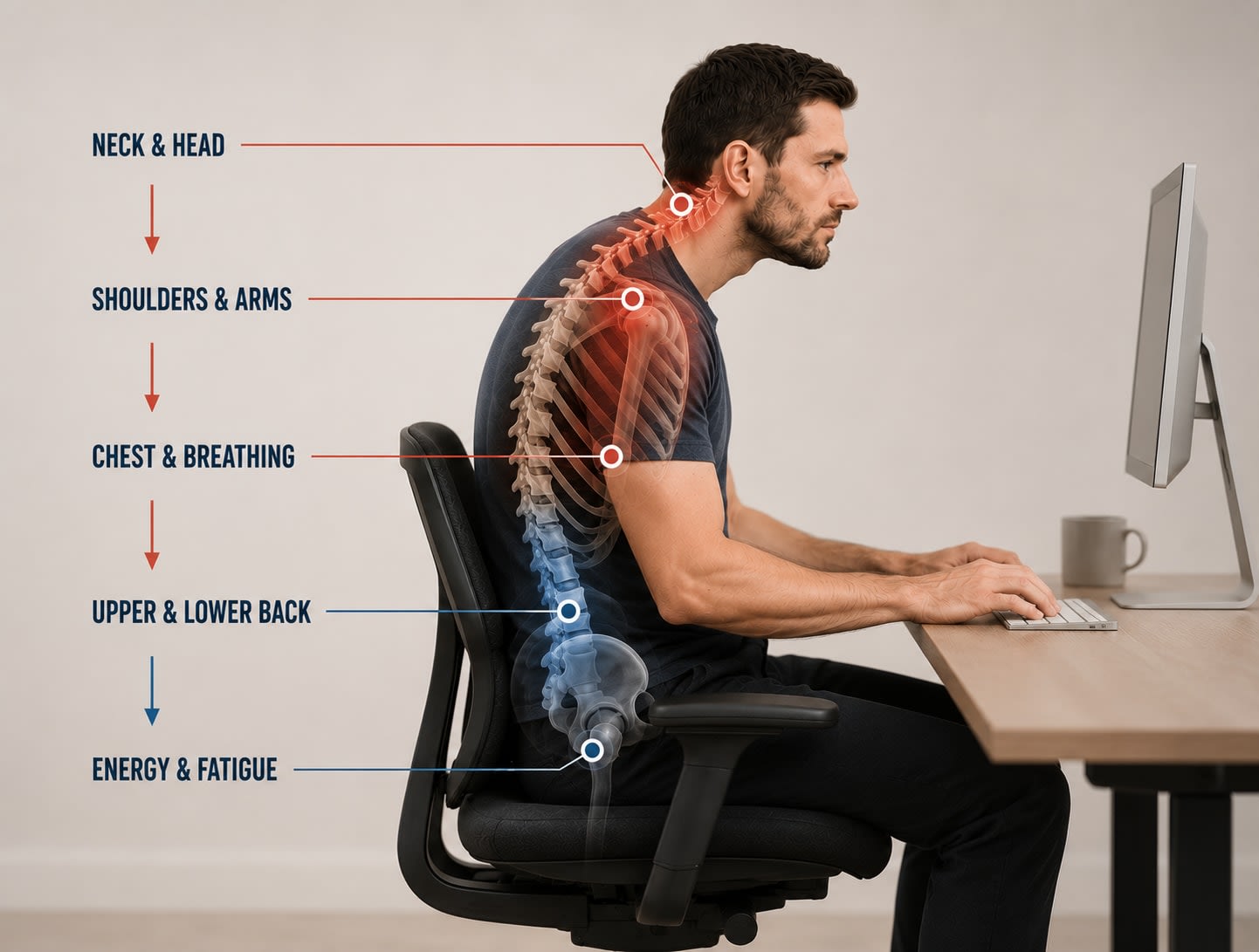 A person seated at a desk with the spine and shoulder girdle highlighted, showing the chain effect of rounded shoulders cascading down the body: Neck and head, then Shoulders and arms, then Chest and breathing (all in red), then Upper and lower back and Energy and fatigue (in blue), connected by downward arrows indicating compensation patterns.