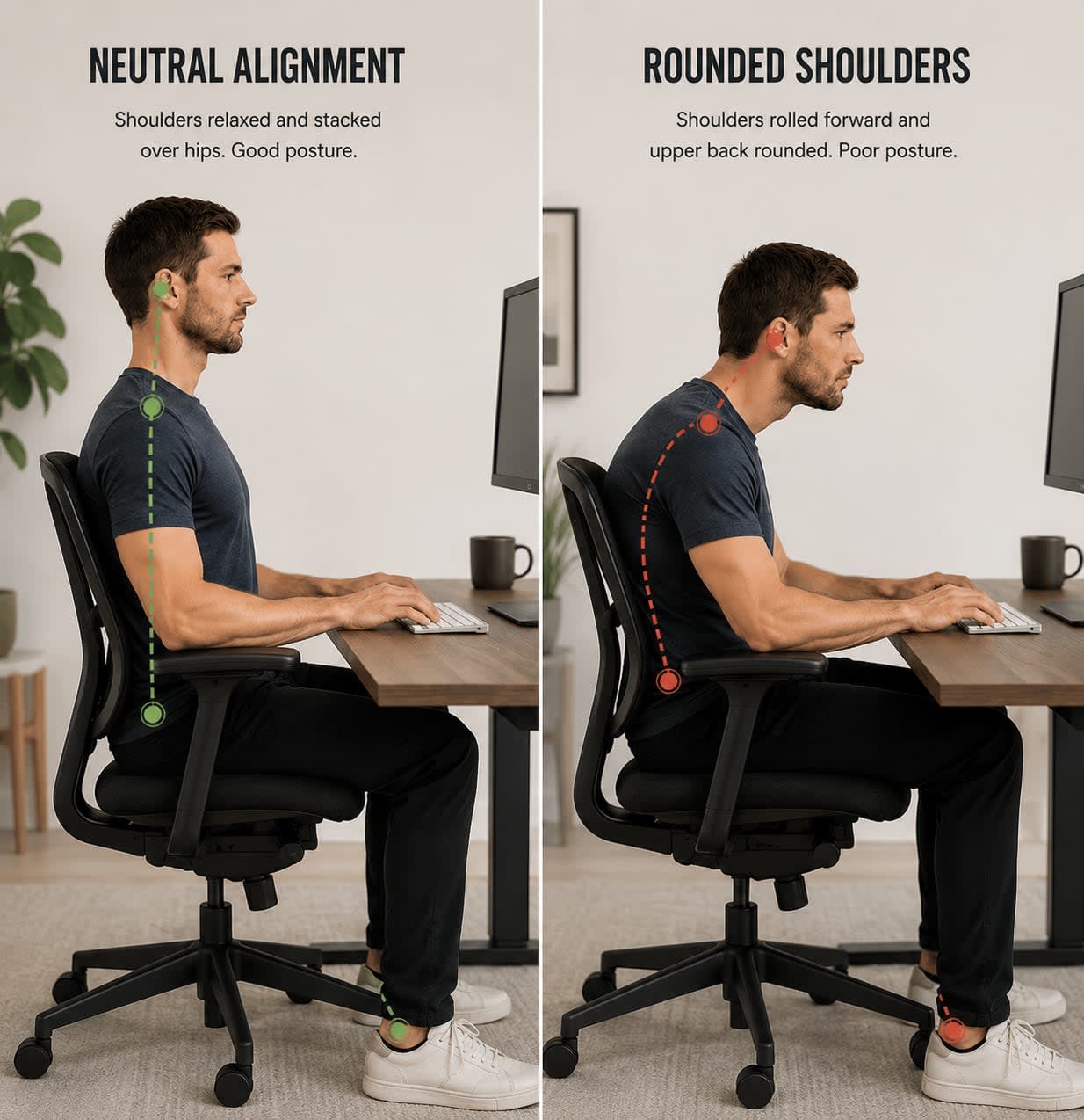 Side-profile comparison of a person seated at a desk. Left, labeled Neutral Alignment: shoulders relaxed and stacked over hips, good posture, with a straight green line from ear through shoulder to hip. Right, labeled Rounded Shoulders: shoulders rolled forward and upper back rounded, poor posture, with a curved red line tracing the forward roll of the spine.