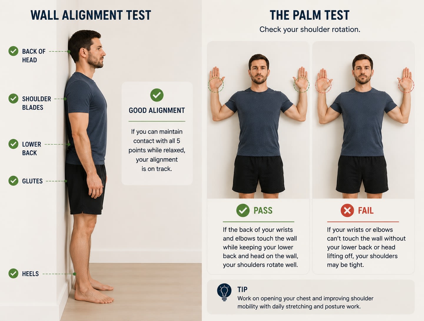 Two self-tests for shoulder alignment. Left, the Wall Alignment Test: standing with back of head, shoulder blades, lower back, glutes, and heels touching the wall indicates good alignment. Right, the Palm Test for shoulder rotation: it is a pass if the backs of the wrists and elbows touch the wall while the lower back and head stay in contact, and a fail if the wrists or elbows can't touch without the lower back or head lifting off. Tip: open the chest and improve shoulder mobility with daily stretching and posture work.