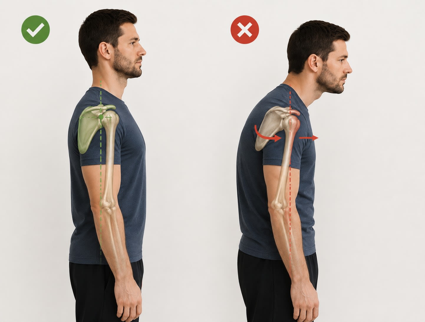 Side-profile skeletal comparison of the shoulder girdle. Left, marked with a green check: the scapula (highlighted green) sits flat against the ribcage and the arm bone hangs in neutral alignment along a straight vertical line. Right, marked with a red X: red arrows show the scapula tipping forward and the humerus rotating inward as the shoulder rolls forward of the alignment line.