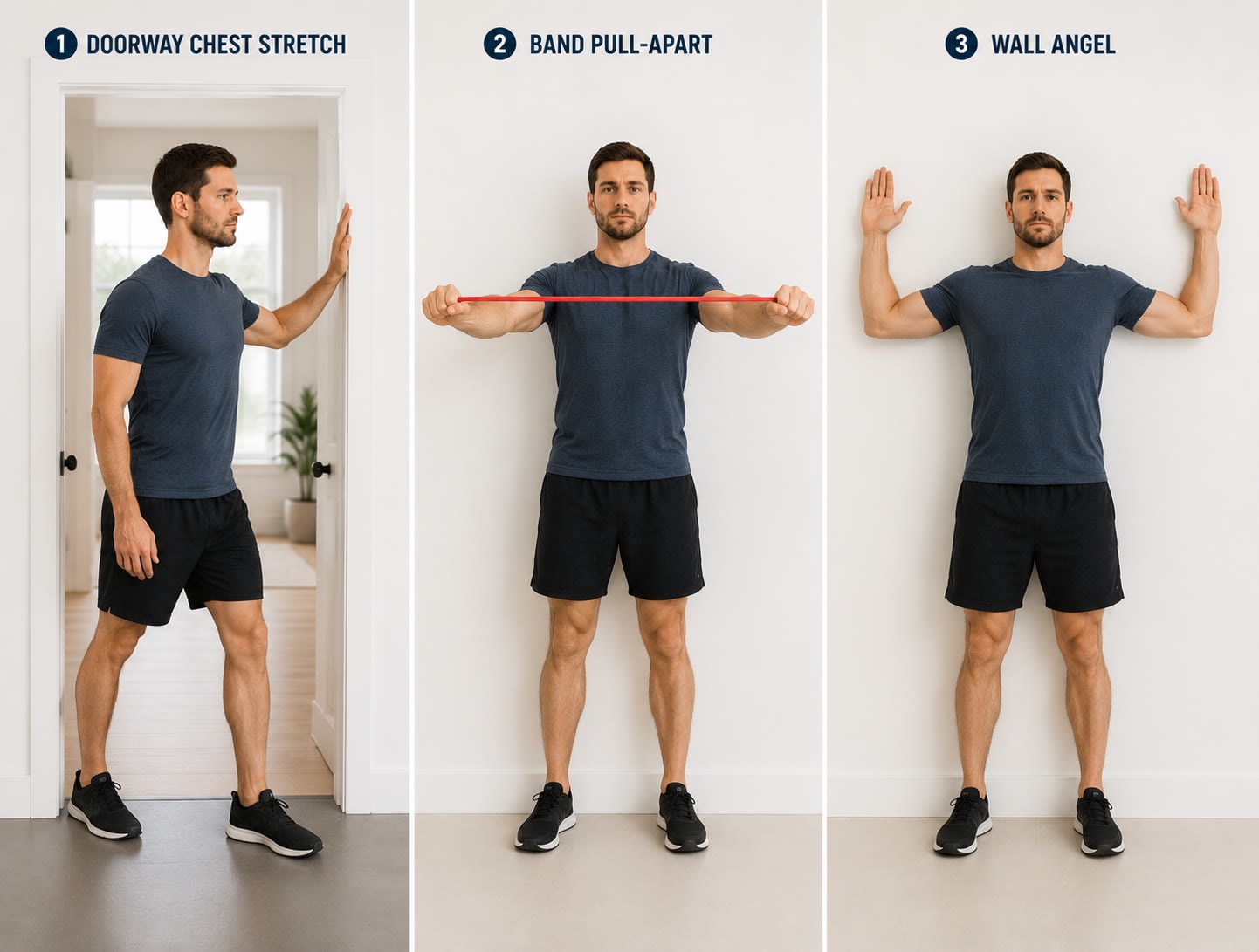 Photo series of three beginner-friendly stretches for rounded shoulders: 1) Doorway chest stretch, standing in a doorway with the forearm against the frame; 2) Band pull-apart, holding a resistance band at chest height and pulling it apart; 3) Wall angel, standing with the back against the wall and sliding the arms up and down.
