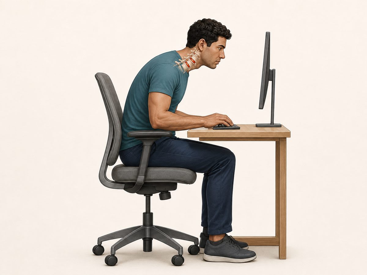 Illustration of the cervical spine highlighting compressed discs in a seated person's neck.