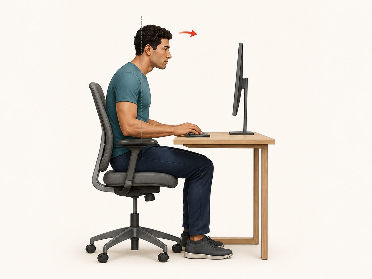 Illustration of forward head posture: a seated person's head shifted forward of their spine while looking at a monitor.