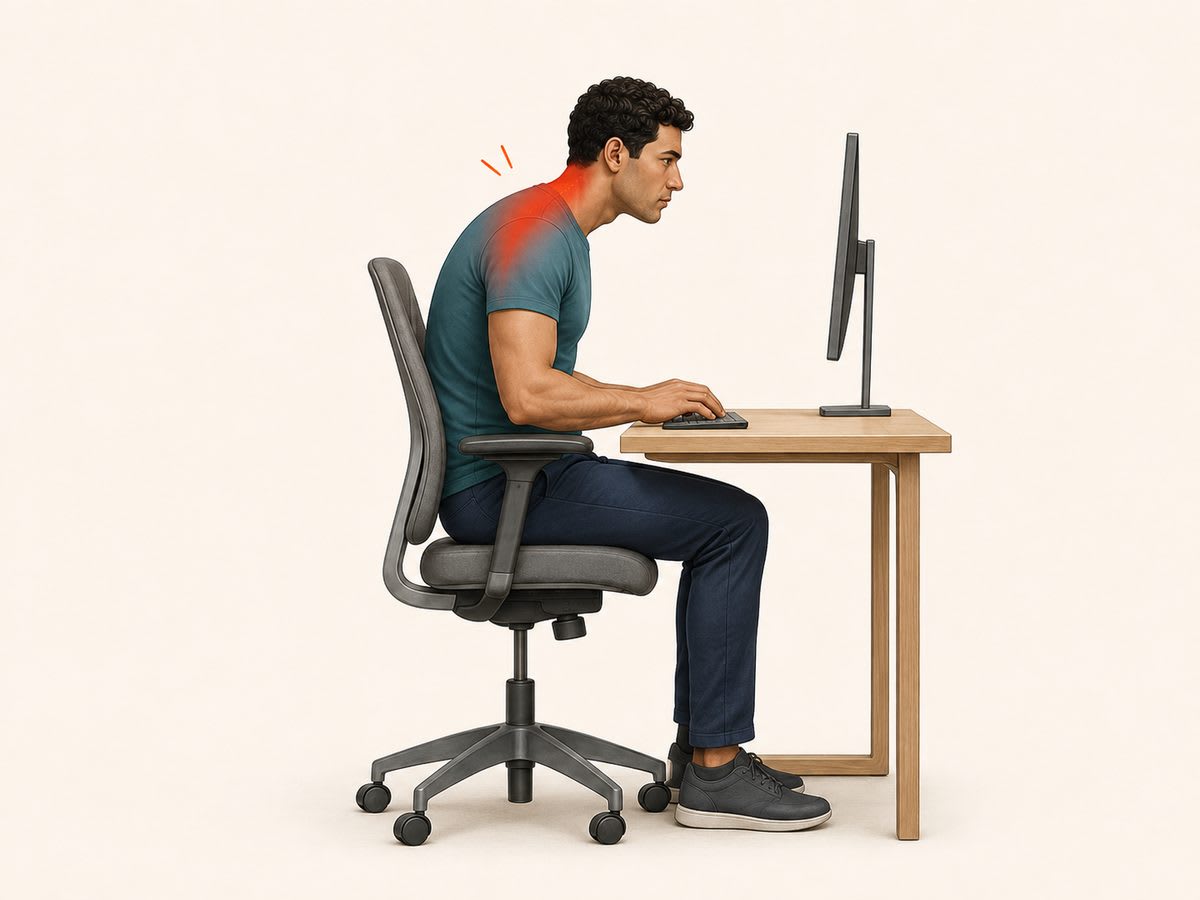 Illustration highlighting muscle tension and strain across the neck and upper trapezius of a seated person at a desk.