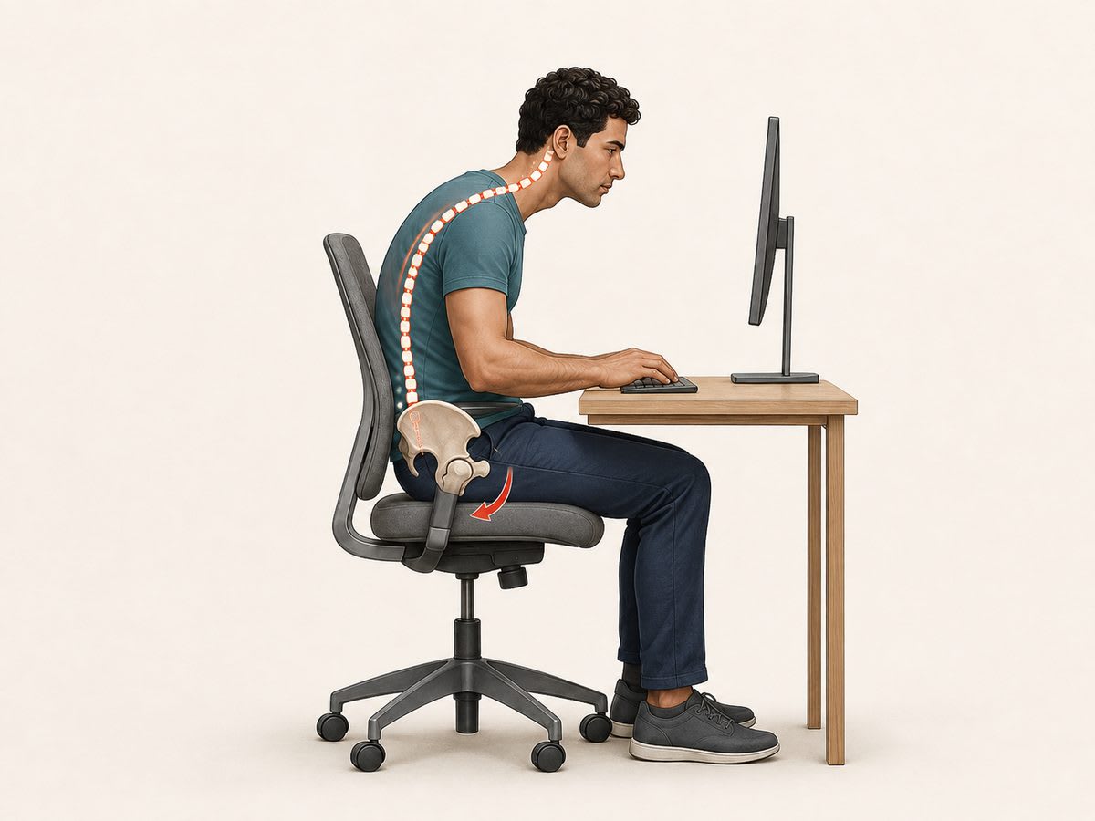 Illustration of the full spine highlighting a backward-tilted pelvis in a seated person, the root of the postural chain.