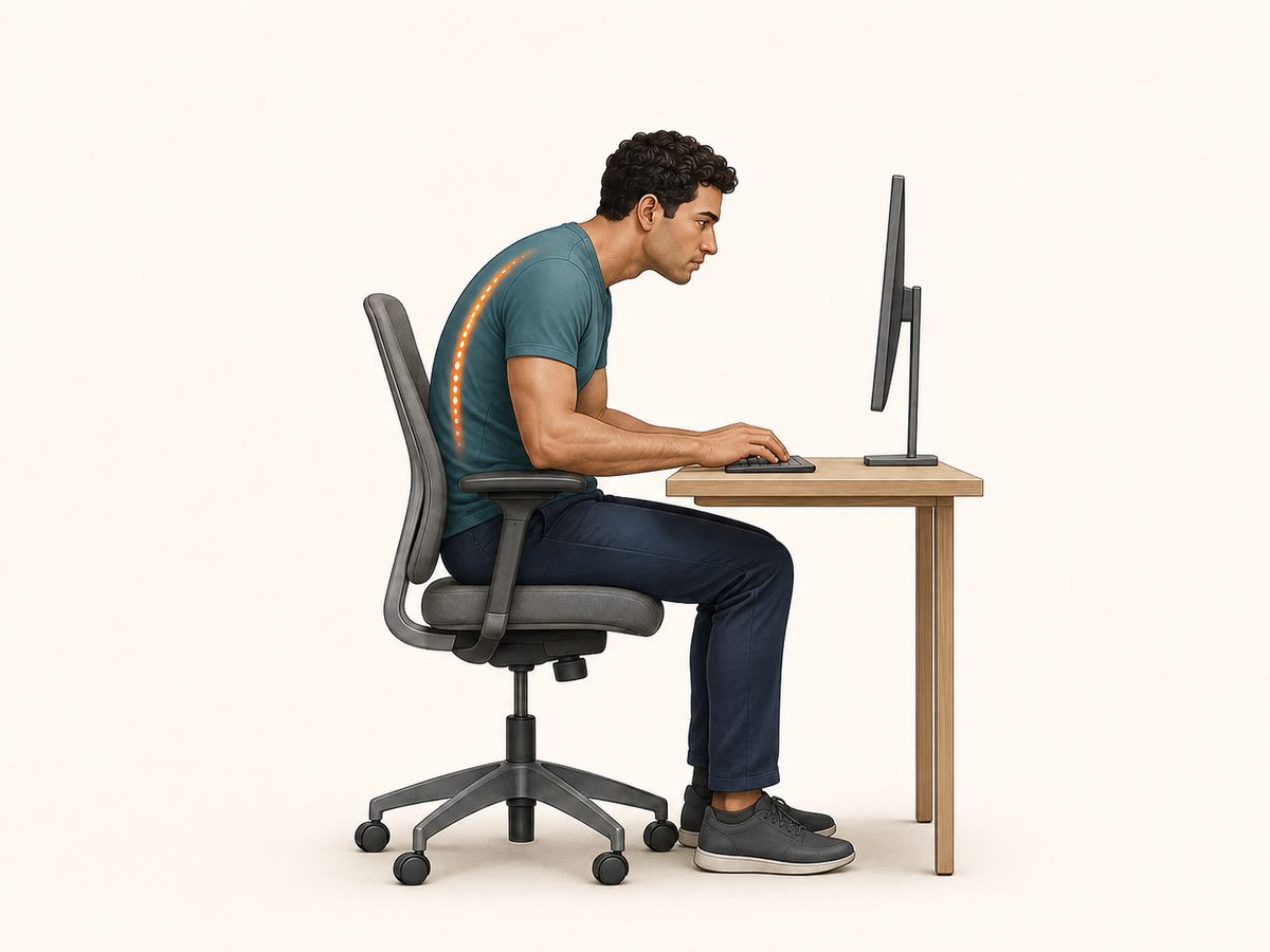 Illustration of thoracic kyphosis: a seated person's upper back rounded forward at a desk.