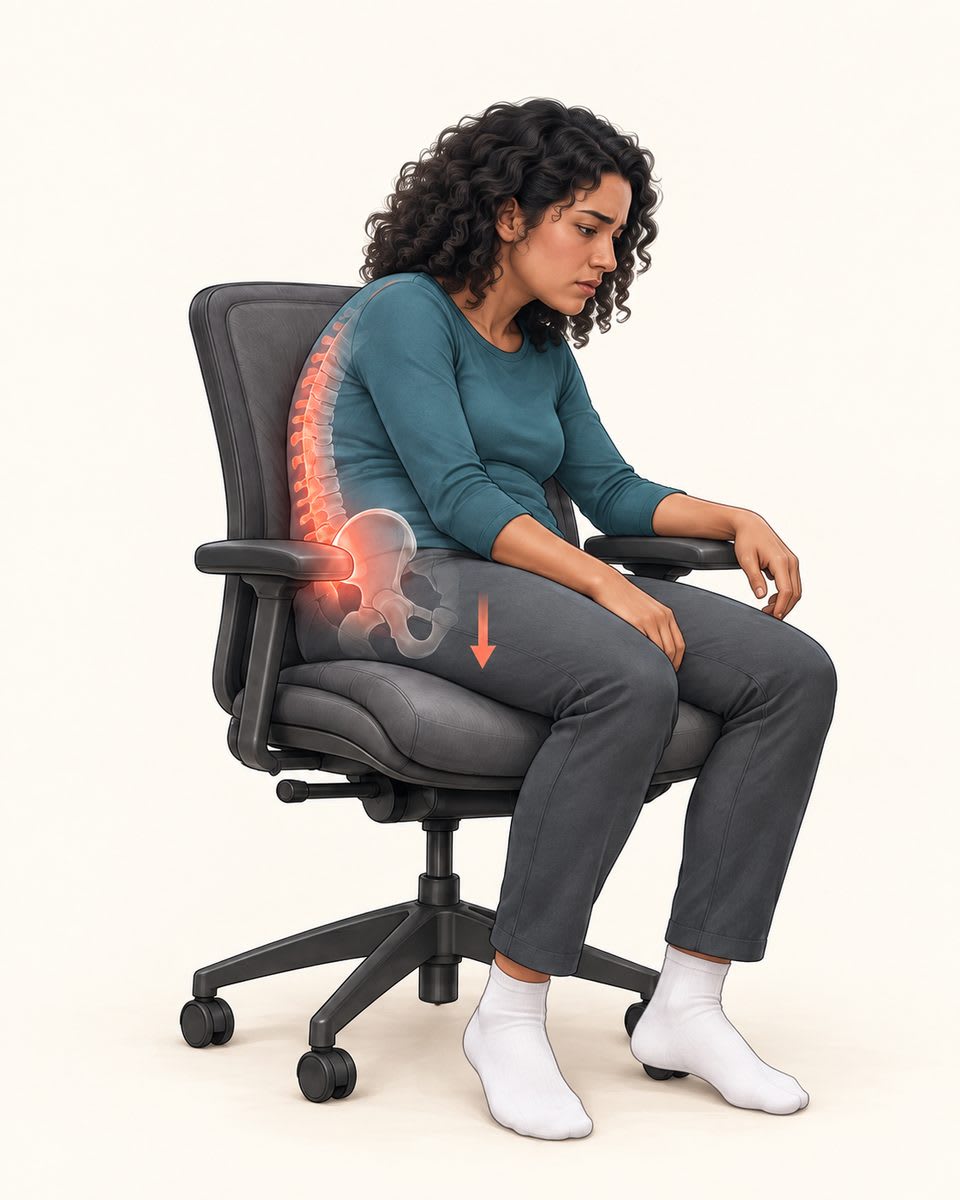 Illustration of a seated person collapsing deeply into a soft chair, pelvis rotated backward and spine rounded.