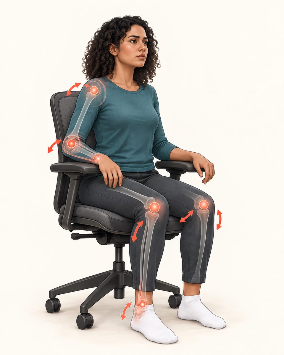 Illustration of joint instability under load: a seated person's hip and knee joints shifting out of neutral alignment without external support.