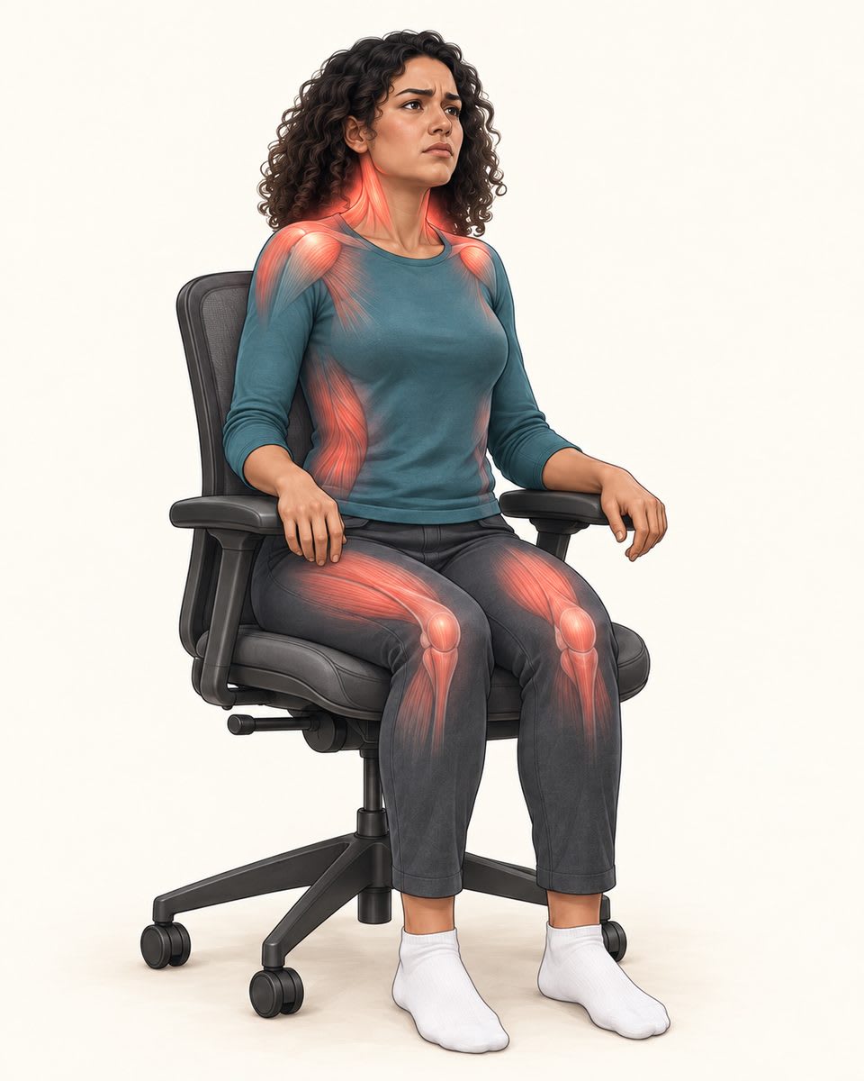Illustration highlighting sustained muscle co-contraction and fatigue around a seated person's hips and lower back.