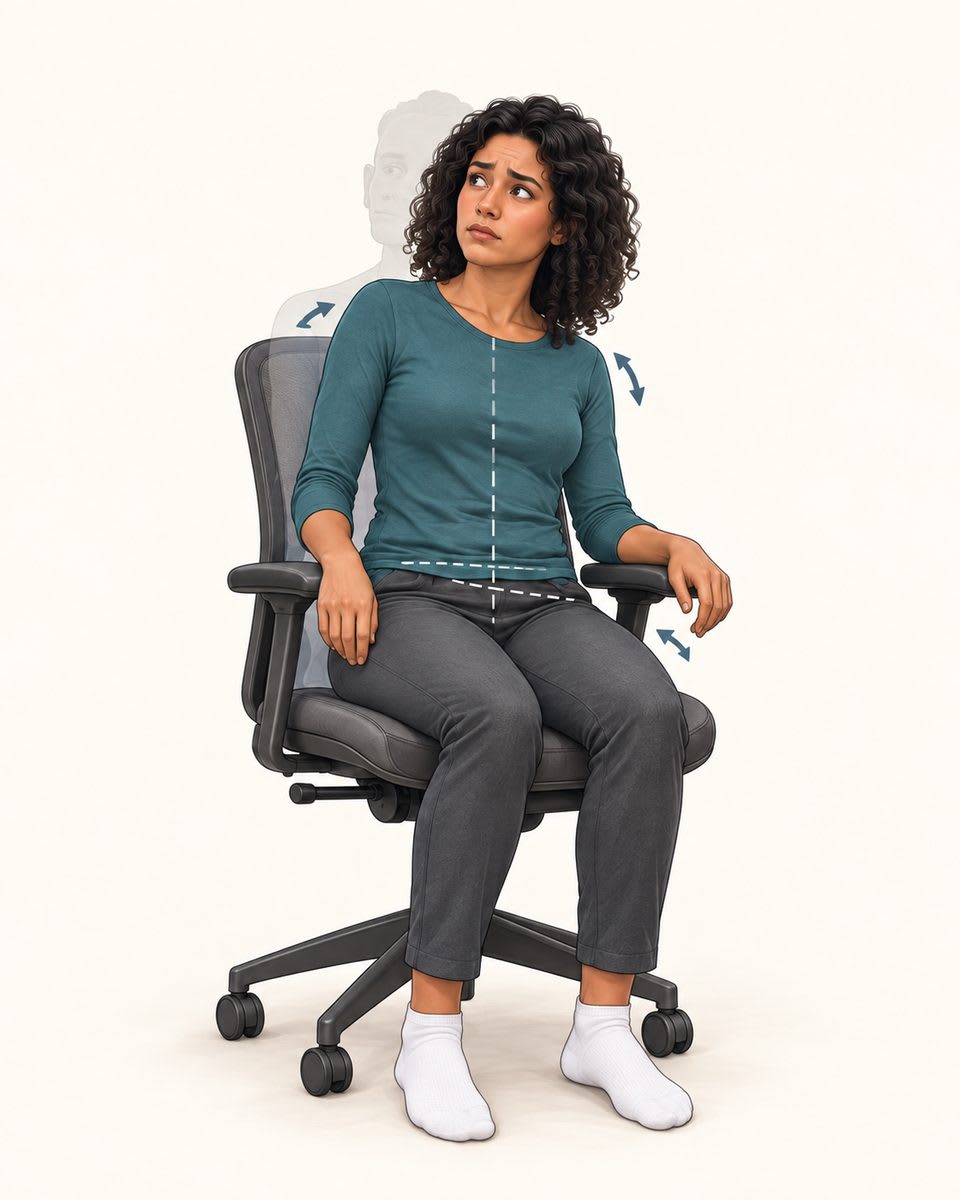 Illustration of a seated person unable to sense or hold a neutral seated position due to reduced joint proprioception.