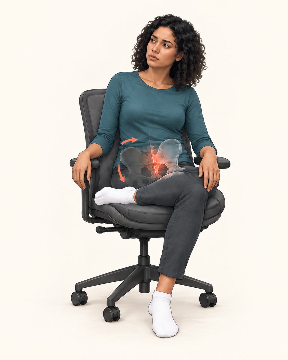 Illustration of the pelvis and sacroiliac joints under strain from an unsupported, freely rotating seated position.