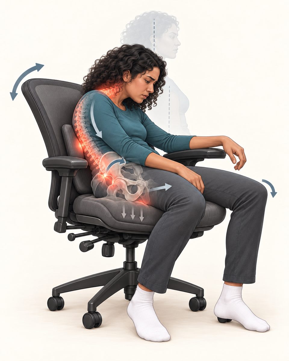 A woman with hypermobile joints sitting unsupported in a standard chair, pelvis rotated backward and spine collapsing without structural support.
