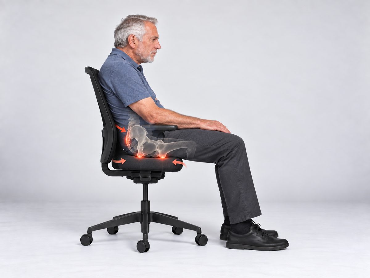 Illustration of a narrow, flat seat surface concentrating pressure at the sit bones and tailbone instead of distributing it.