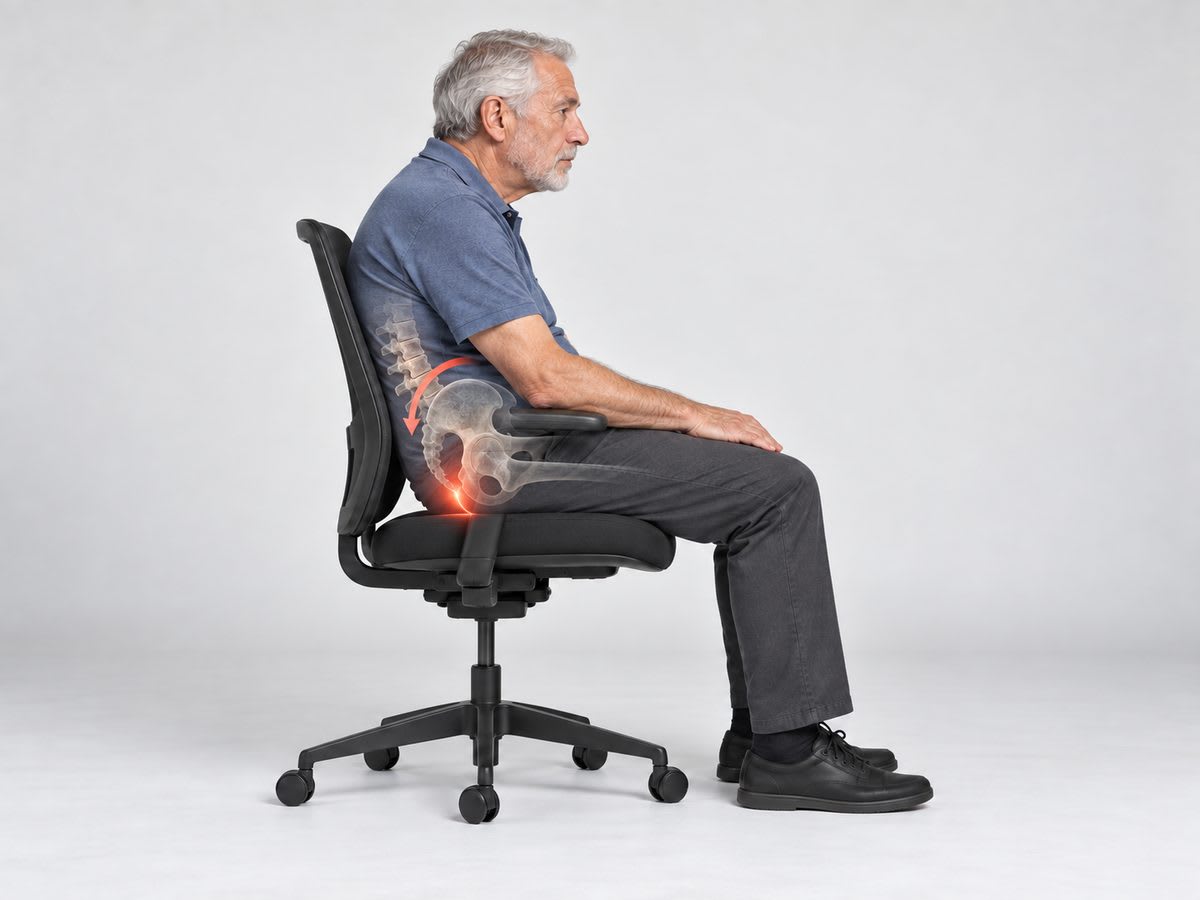 Illustration of posterior pelvic tilt: a seated person's pelvis rotated backward, tailbone angled down into the seat.